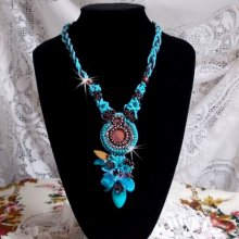 Haute-Couture Turquoise necklace embroidered with Swarovski crystals and semi-precious stones
